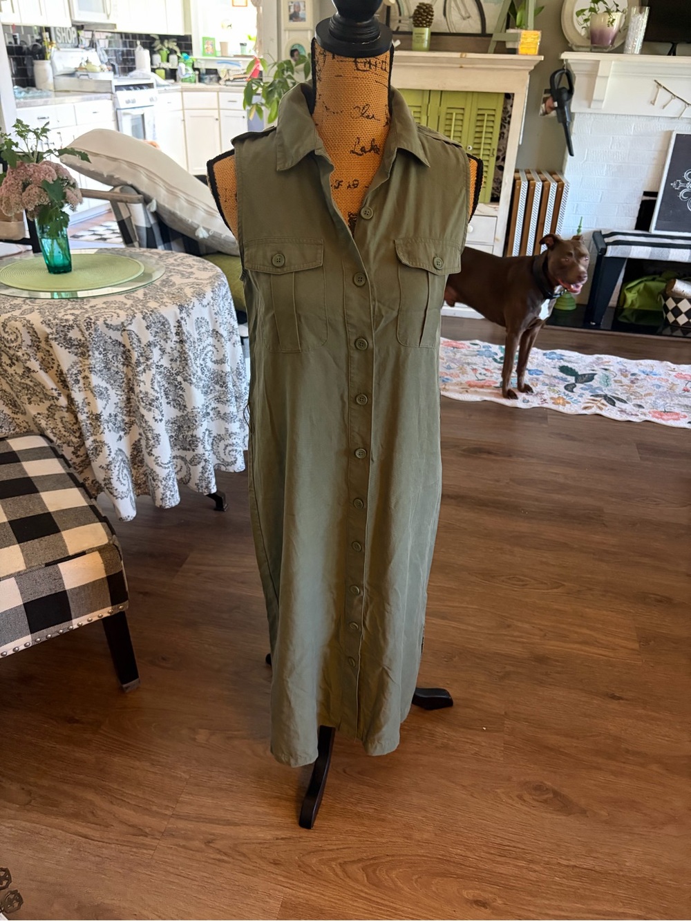 Sleeveless Olive Green Button-Front Shirt Dress